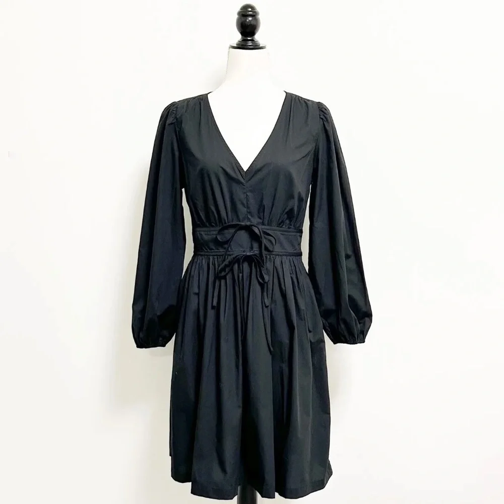 J Crew Black V Neck Long Puff Sleeve Pleated Bows Gretchen Dress 4T 4 Tall NWT - Picture 1 of 10